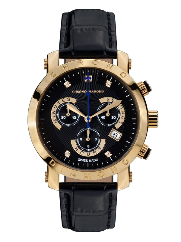 Automatic watches — Nestor — Chrono Diamond — gold IP black leather