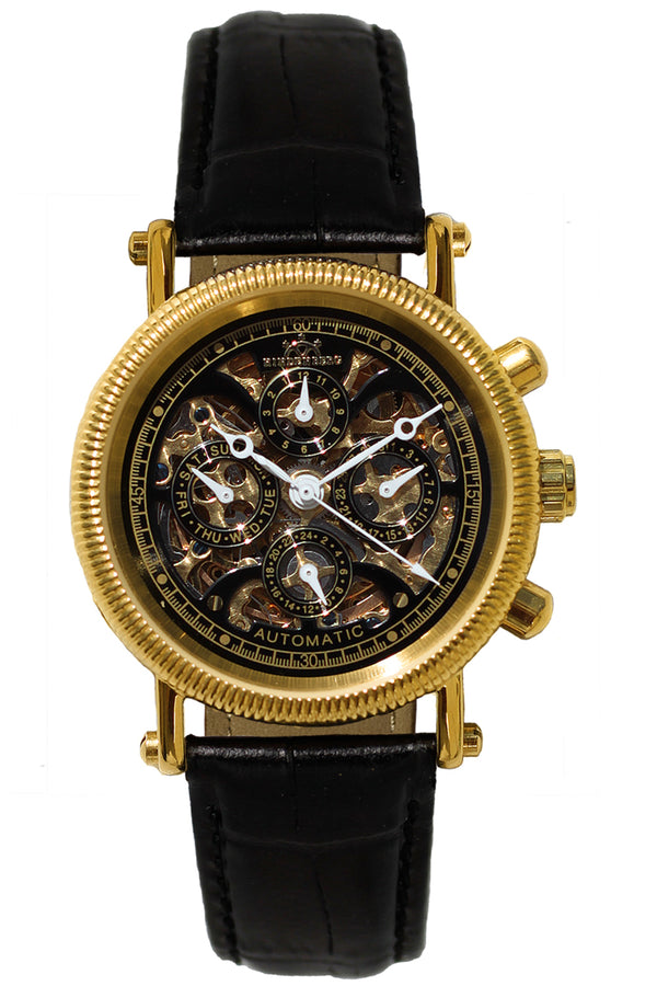 bracelet watches — Leather strap Skeleton — Band — black gold