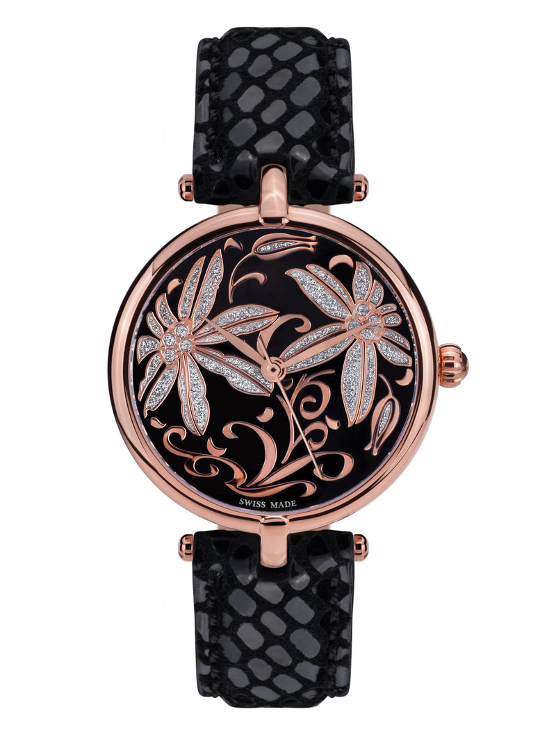 bracelet watches — Leather bracelet Fleurs Volantes — Band — black rose gold