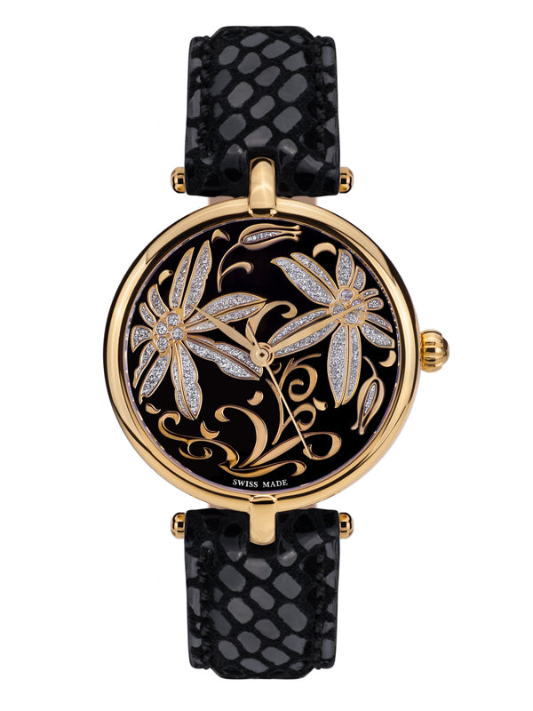 bracelet watches — Leather bracelet Fleurs Volantes — Band — black gold